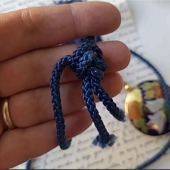 Vintage Asian Cloisonne Tassel Pendant Blue Cord Necklace 28"L - Picture 2 of 2